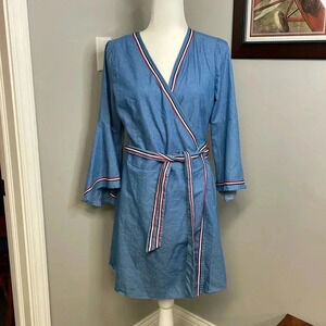 Stellah Racer Stripe Bell-Sleeve Chambray Wrap Dress Womens Size Medium